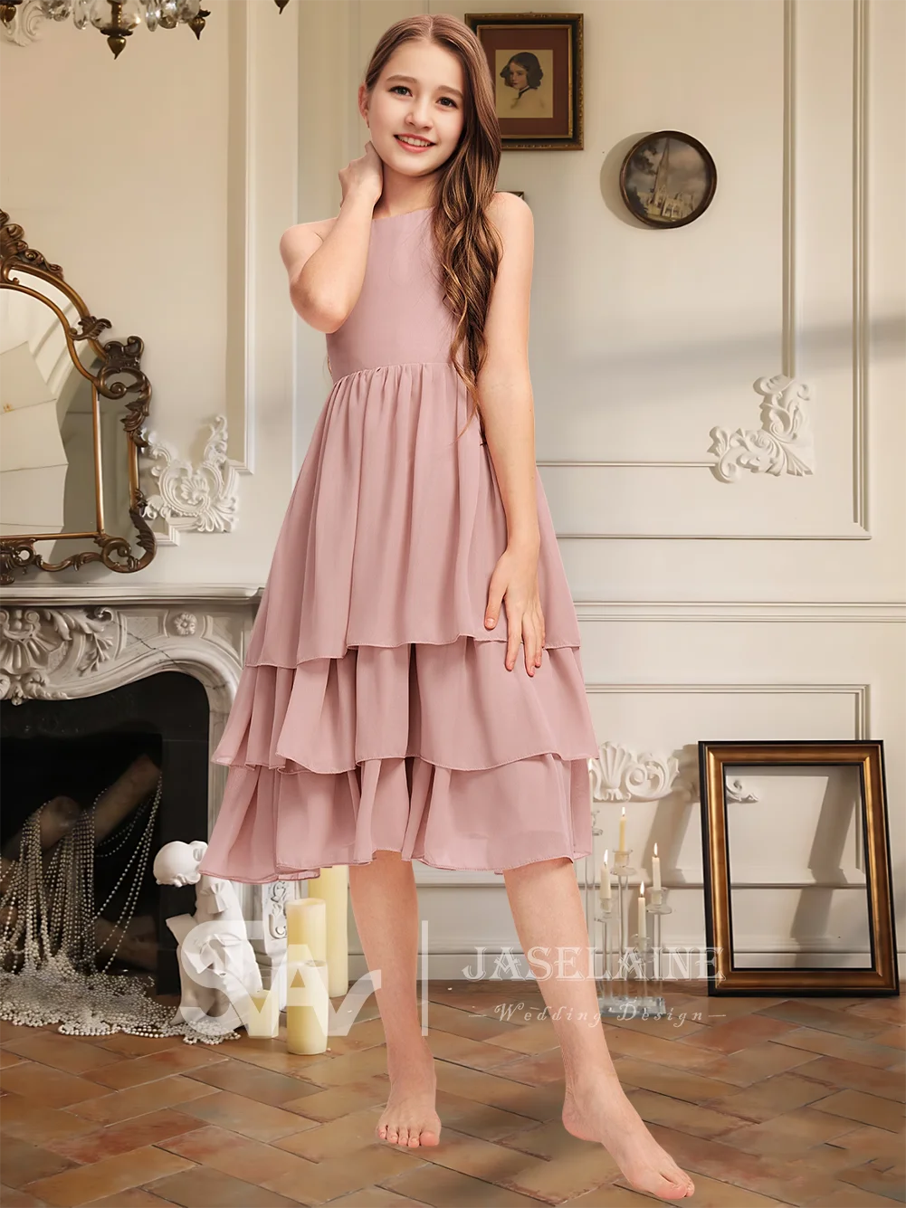 Abito da damigella d'onore junior in chiffon a trapezio con scollo al ginocchio e volant a cascata, abito da ragazza di fiori color lavanda, festa per ragazze, matrimonio formale