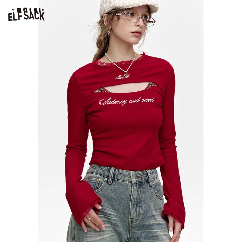 

ELFSACK 2024 Winter New Arrivals Red Letter Hollow Slim Fit Long Sleeve Short T-Shirt Women