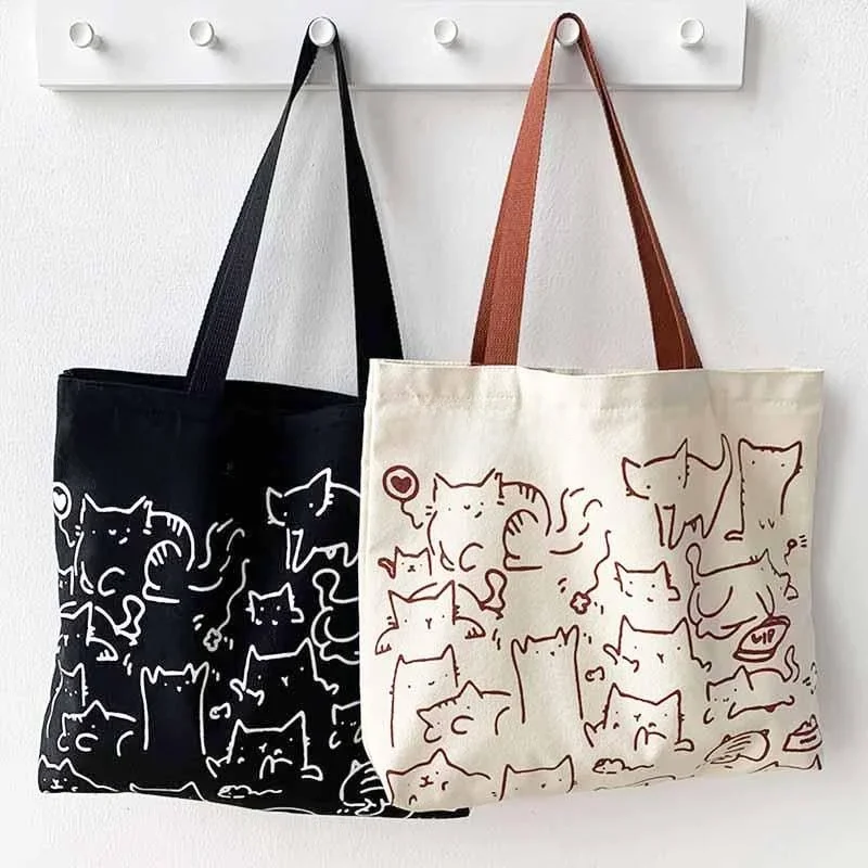 KISMIS Fashion Cartoon Cute Cats Canvas Bags - Torebka dla kobiet i mężczyzn, składana torba plażowa wielokrotnego użytku z zamkiem błyskawicznym — zdjęcie 2
