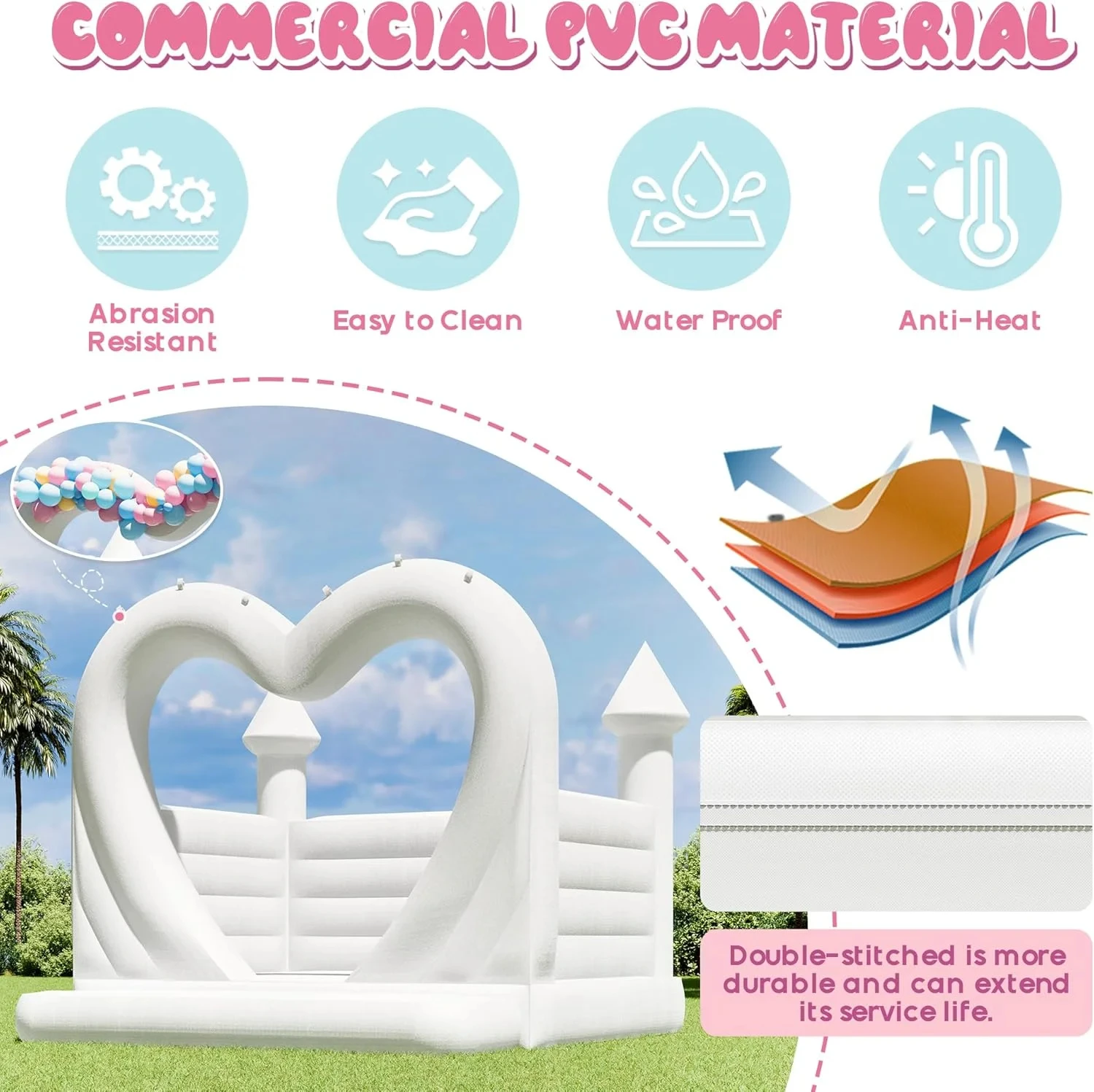 Castillo blanco inflable de PVC de 13 pies con forma de corazón, nuevo diseño, casa de rebote blanca inflable con soplador de 750W, para bodas y fiestas