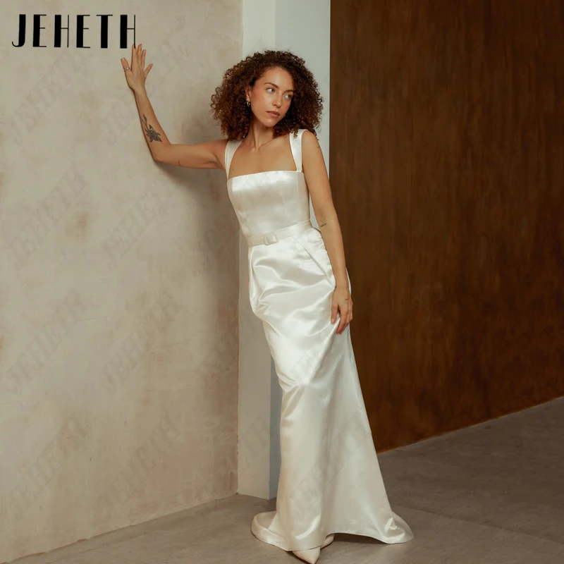 

JEHETH Square Neck Mermaid Wedding Dress Women Spaghetti Straps Belt Bridal Gown Satin Button Vestido De Novia Simple Sleeveless