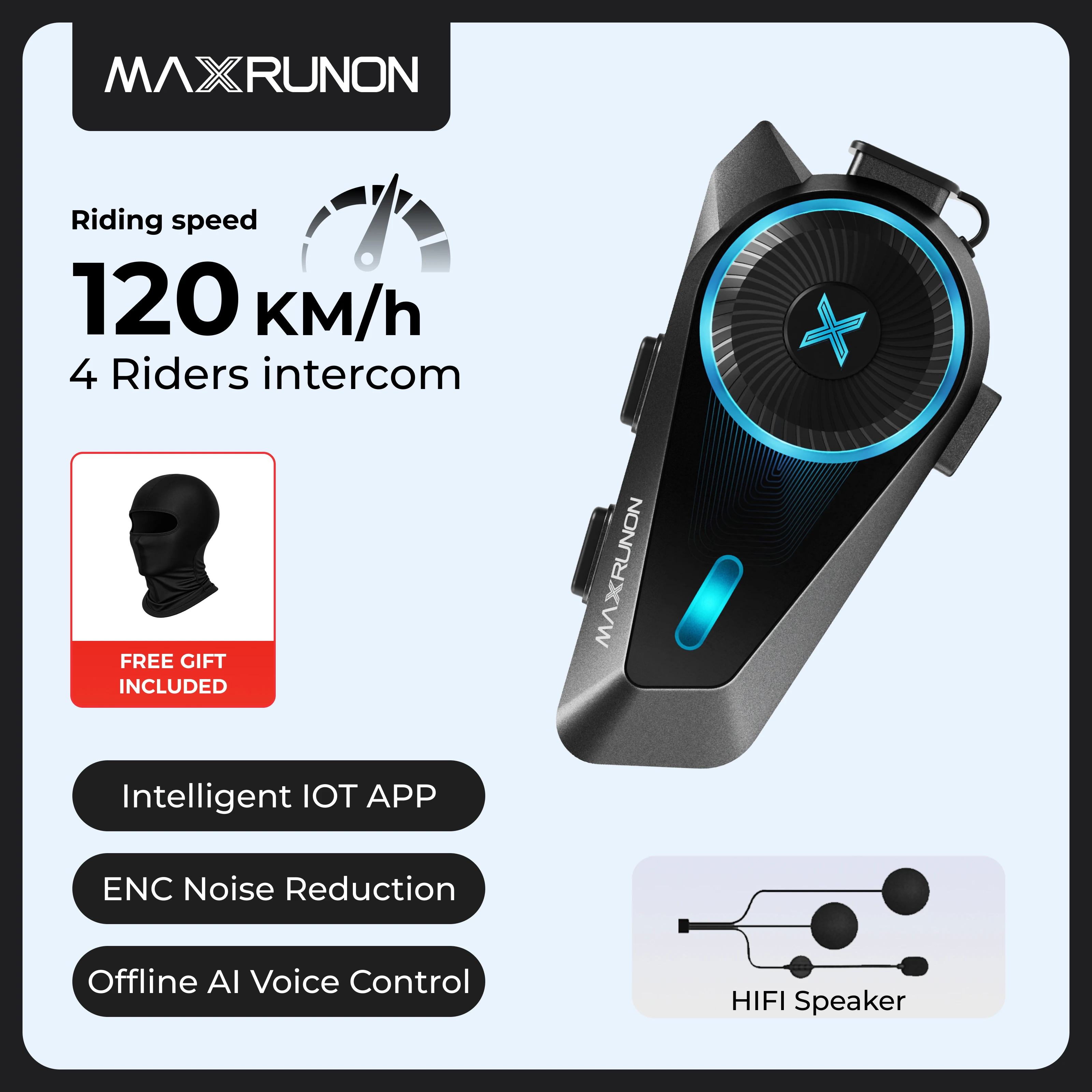 MAXRUNON D10 Motorcycle Bluetooth Intercom Helmet Headset 4 Riders Moto Group Interphone App AI Voice Control ENC IPX7 FM BT5.4