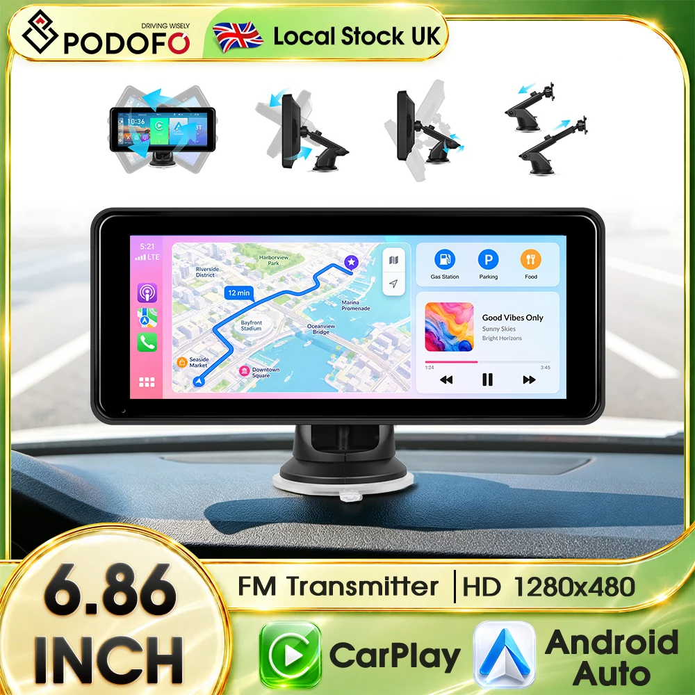 PODOFO 6.86 Inch HD Portable CarPlay Display Wireless Android Auto