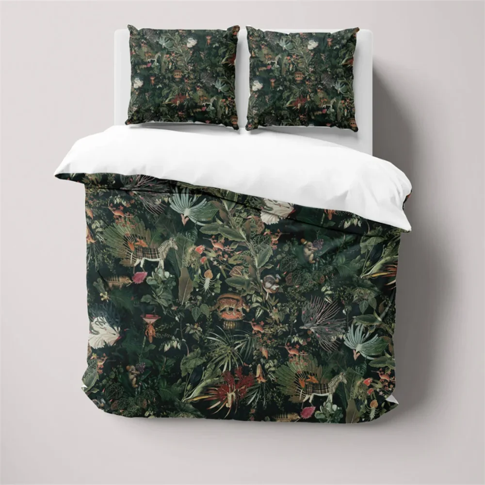 Forest and Wild Animals Duvet Cover Set, Nature Botanical Bedding Set, Floral Animals Quilt Cover, Single Double Full Queen King