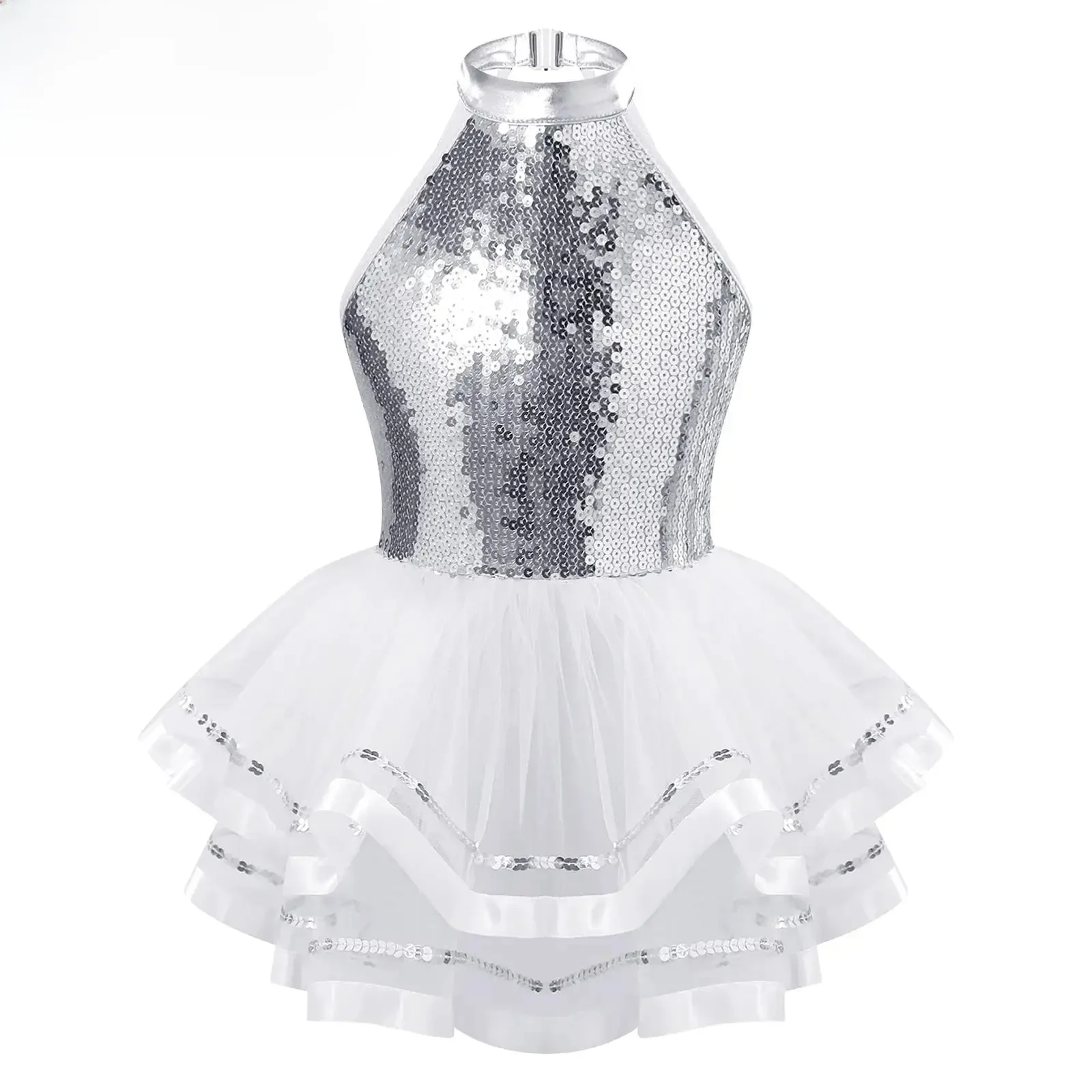 Robe Tutu de danse de Ballet pour filles, col licou, paillettes scintillantes, justaucorps de gymnastique, Costume de spectacle de danse Jazz latine moderne