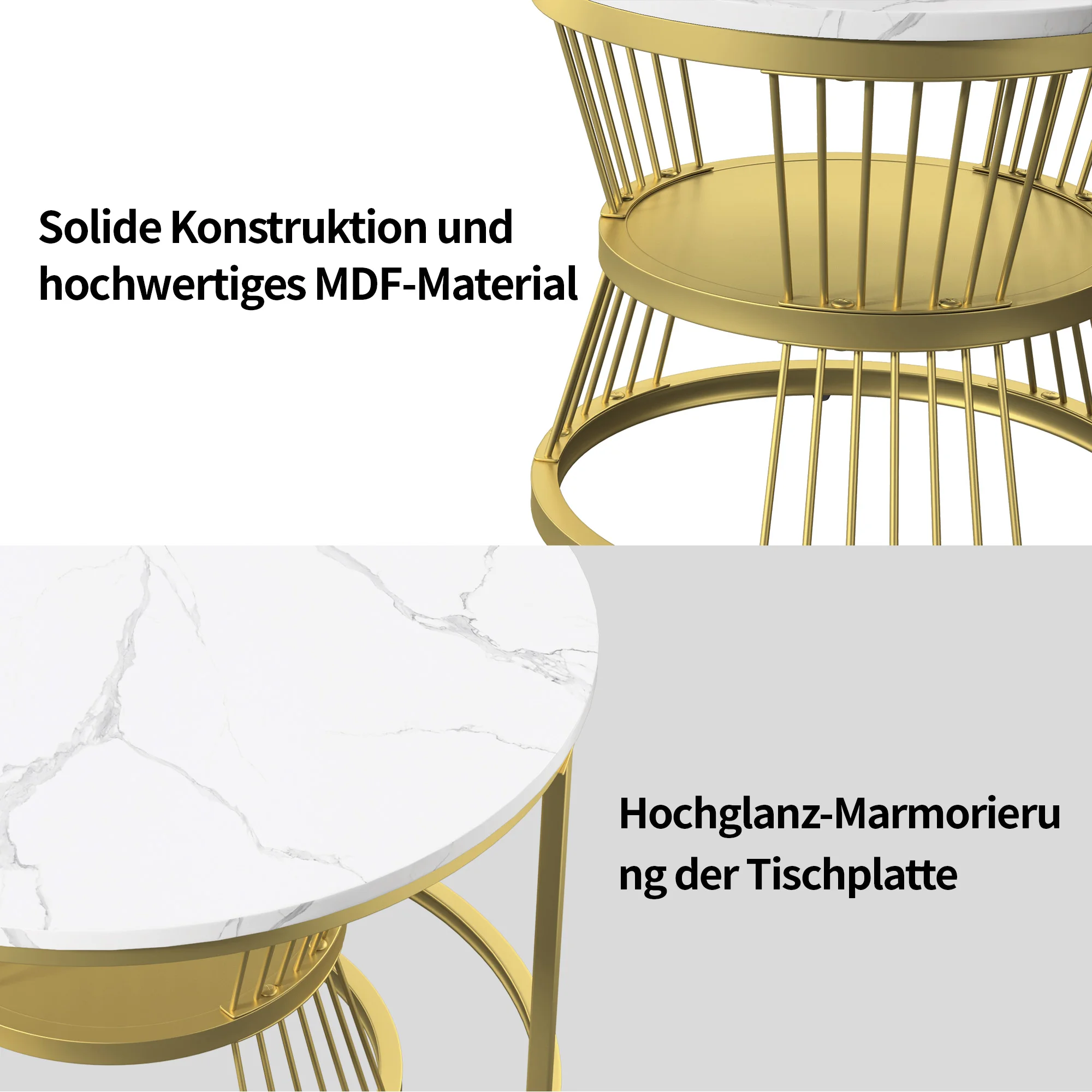 2 Stück moderner Nesting Couch tisch, Couch tisch Set Marmor Furnier Sofa Seiten nest von Tischen runde Beistell tische, 2er-Set, goldener Rahmen