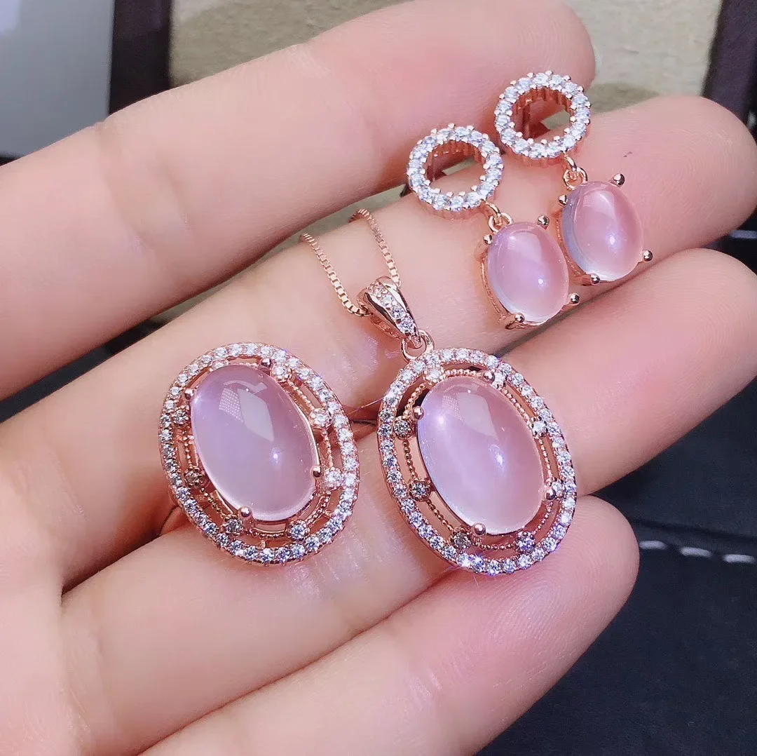 

Girls' Natural Pink Crystal Hibiscus Stone Gemstone Necklace Pendant Ring Earring Set 925 Pure Silver Plated Rose Gold Gift