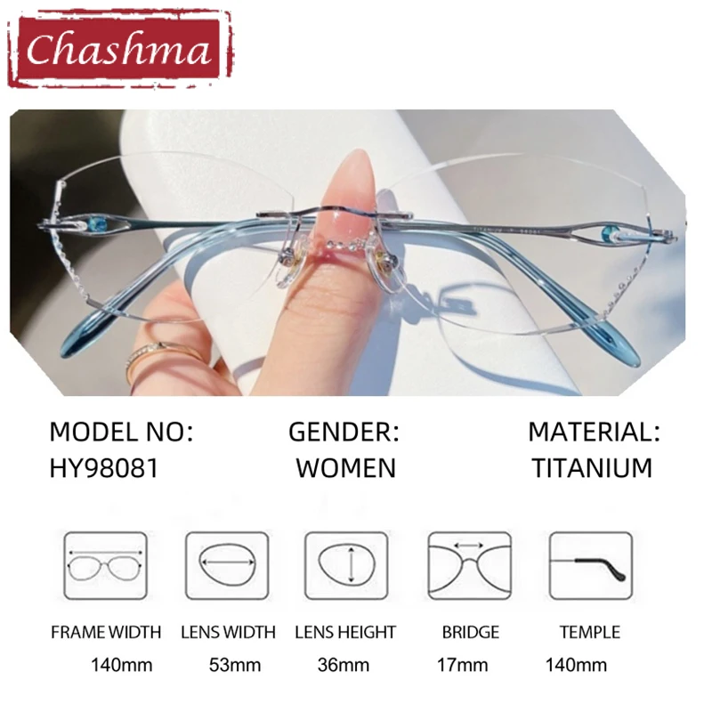 Chashma Prescription Glasses Women Fashion Titanium Diamond Trim Rimless Spectacles Eyeglasses Frames Girls Myopia Tint Lenses