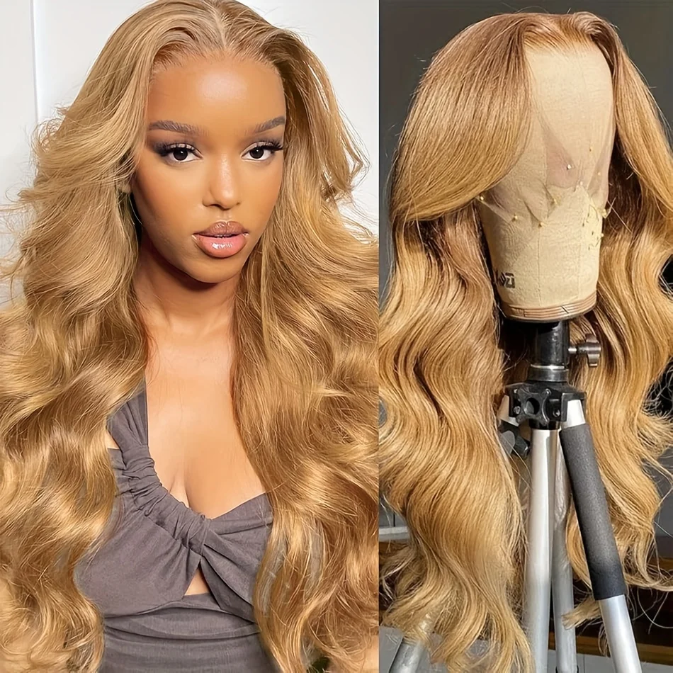 13x6 HD Body Wave Honey Blonde Lace Front Human Hair Wig For Women Lace Frontal Wigs Transparent Colored #27 Pre Plucked On Sale