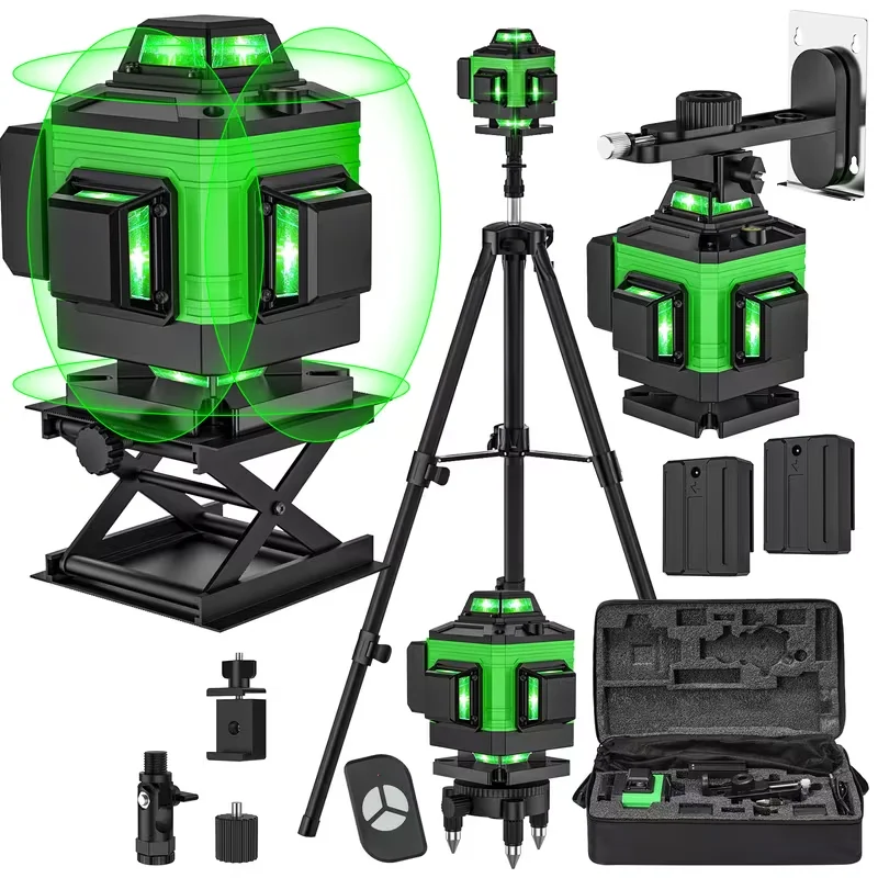 Niveau laser vert haute visibilité 4D 16 lignes, auto-rotation 360° °   Niveau laser pour lignes horizontales/verticales, batterie rechargeable et haute précision