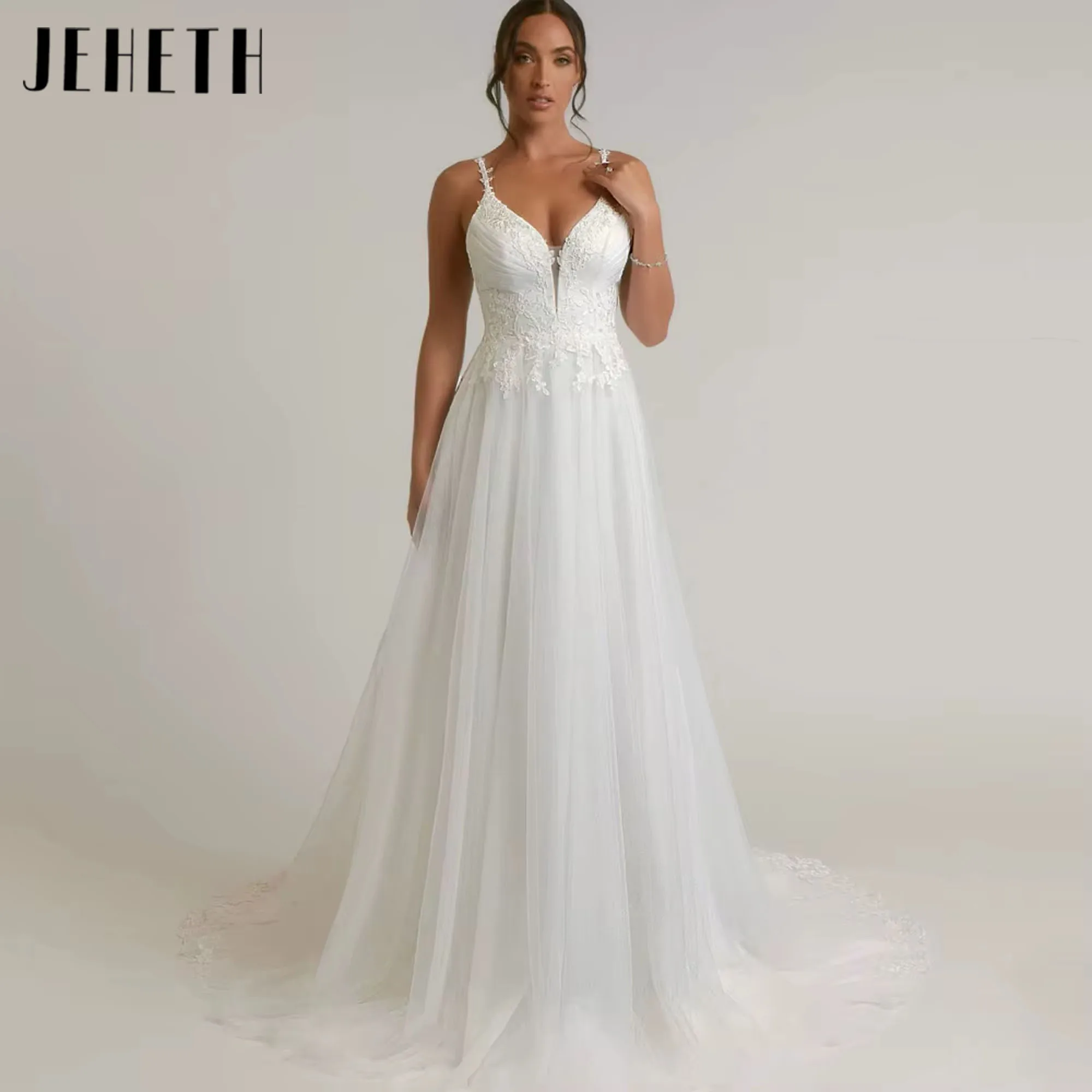 

JEHETH Luxury Tulle V-Neck Wedding Dress A-Line Spaghetti Straps Bride Dresses Lace Applique Backless Bridal Gown Customized