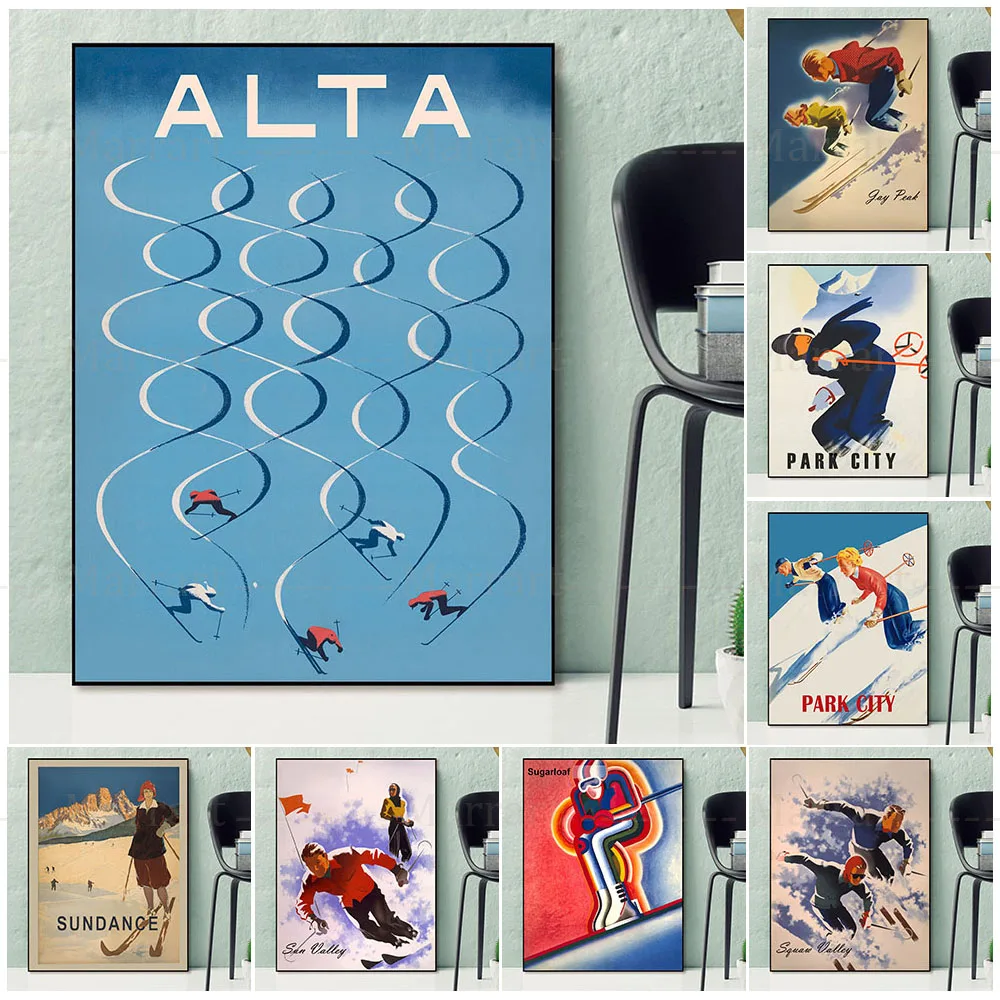 Park City Skiing Poster Vintage Travel Wall Art Print Maine,Sun Valley,Sundance Skiing Scenery Canvas Print Home Decoration