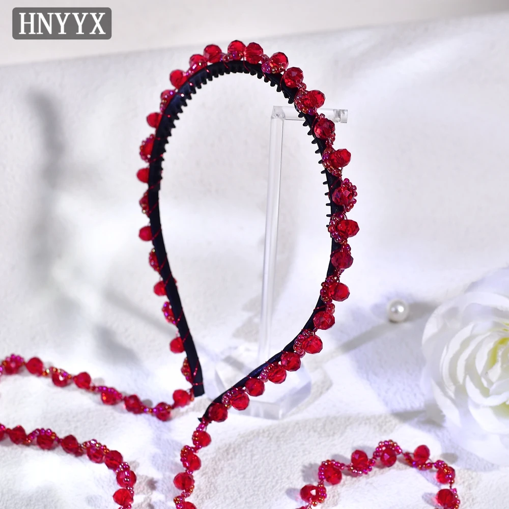 HNYYX كامل الأحمر كريستال طويل شرابة عقال للنساء موضة هيرباند حفل زفاف الزفاف إكسسوارات الشعر هدية A294