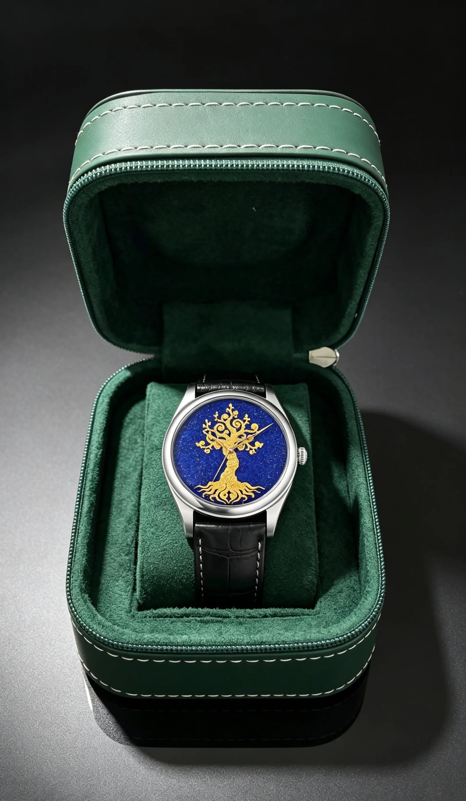 Elegant Men's Mechanical Watch with Tree of Life Golden Engraving Lapis Lazuli Dial Ancient Egyptian Secret Pattern High End Bus