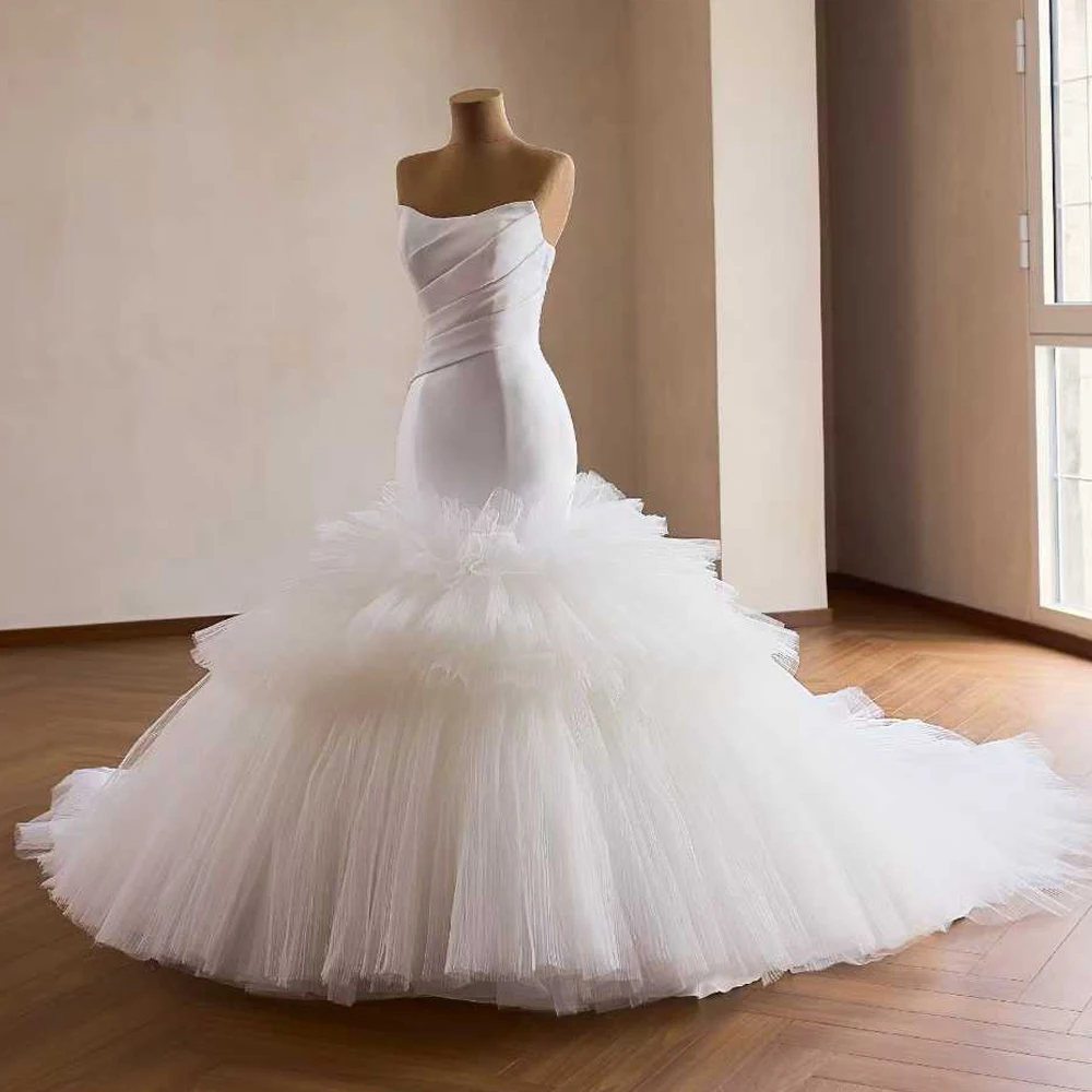 Satin Mermaid Wedding Bridal Dress Strapless Sleeveless Ivory Ruffle Long Train Vestidos De Novia 2027