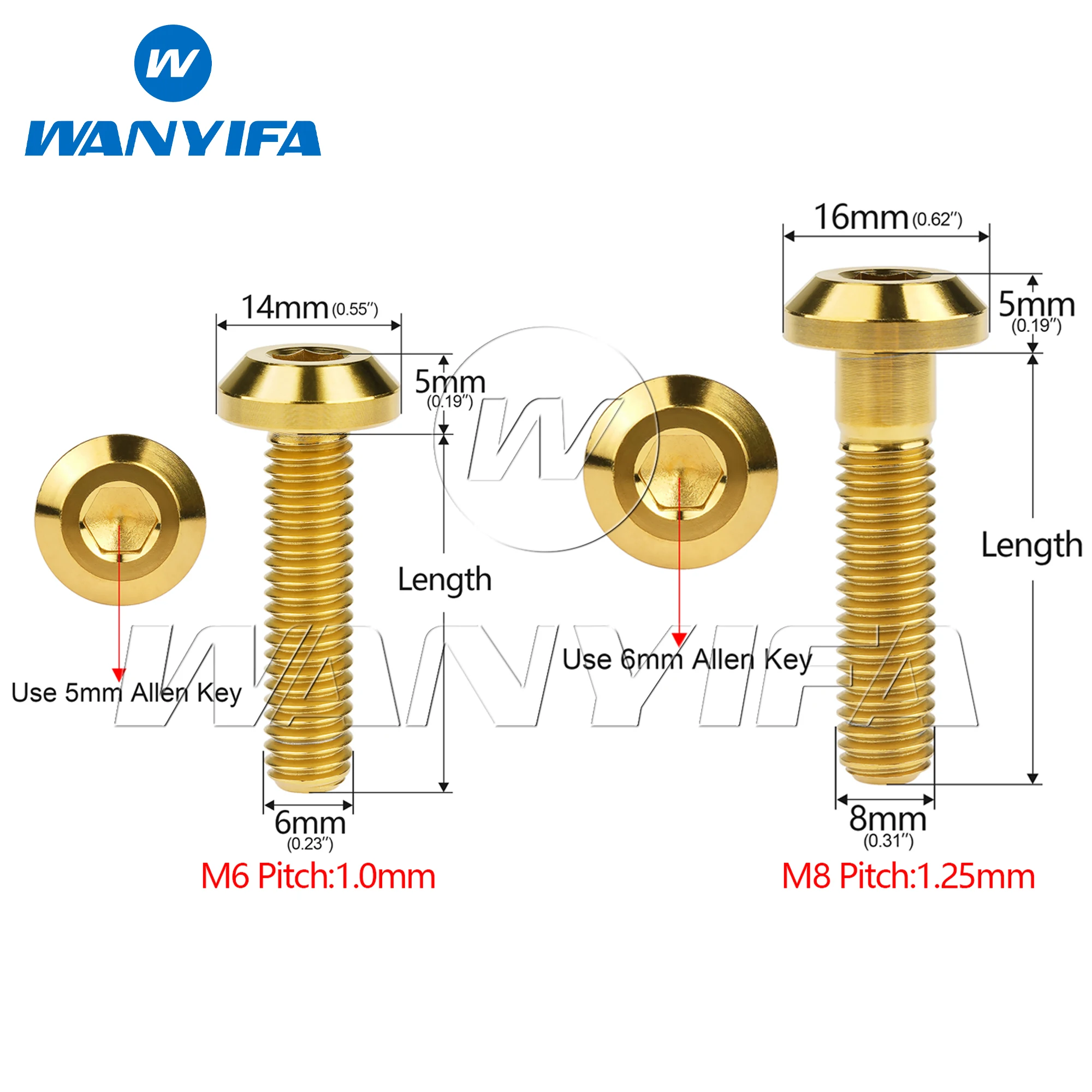 Wanyifa 6pcs Titanium Bolts M6/M8x12 15 20 25 30 35 40mm Flat Truss Hex Head Ti Grade 5 Screws for Bicycle Motorcycle Disk Brake