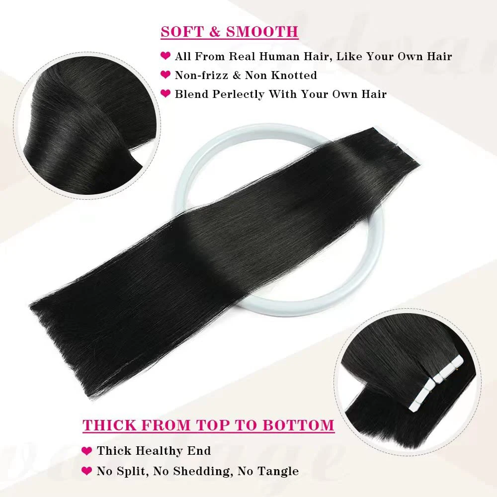 Tape dalam ekstensi rambut lurus rambut manusia 100% rambut manusia asli anyaman mulus pita warna hitam alami ekstensi rambut ins