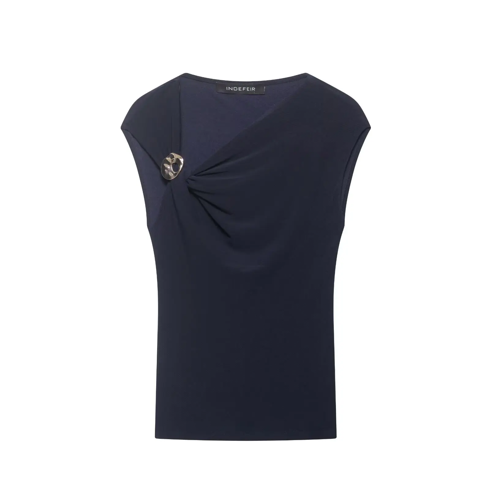 Minimalist Women Sleeveless Blouse Sexy Ruched V Neck Top with Metal Decor Elegant White Pink Navy Blue Silk Like Summer Shirts