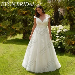 EVON-Vestidos De Novia De gran tamaño para mujer, mangas casquillo, cuello redondo, apliques De línea A, vestido De Novia De tul con botones en la espaldaEvon Bridal Women 's Big nupcial hat Sleeve o neck a sticker nup