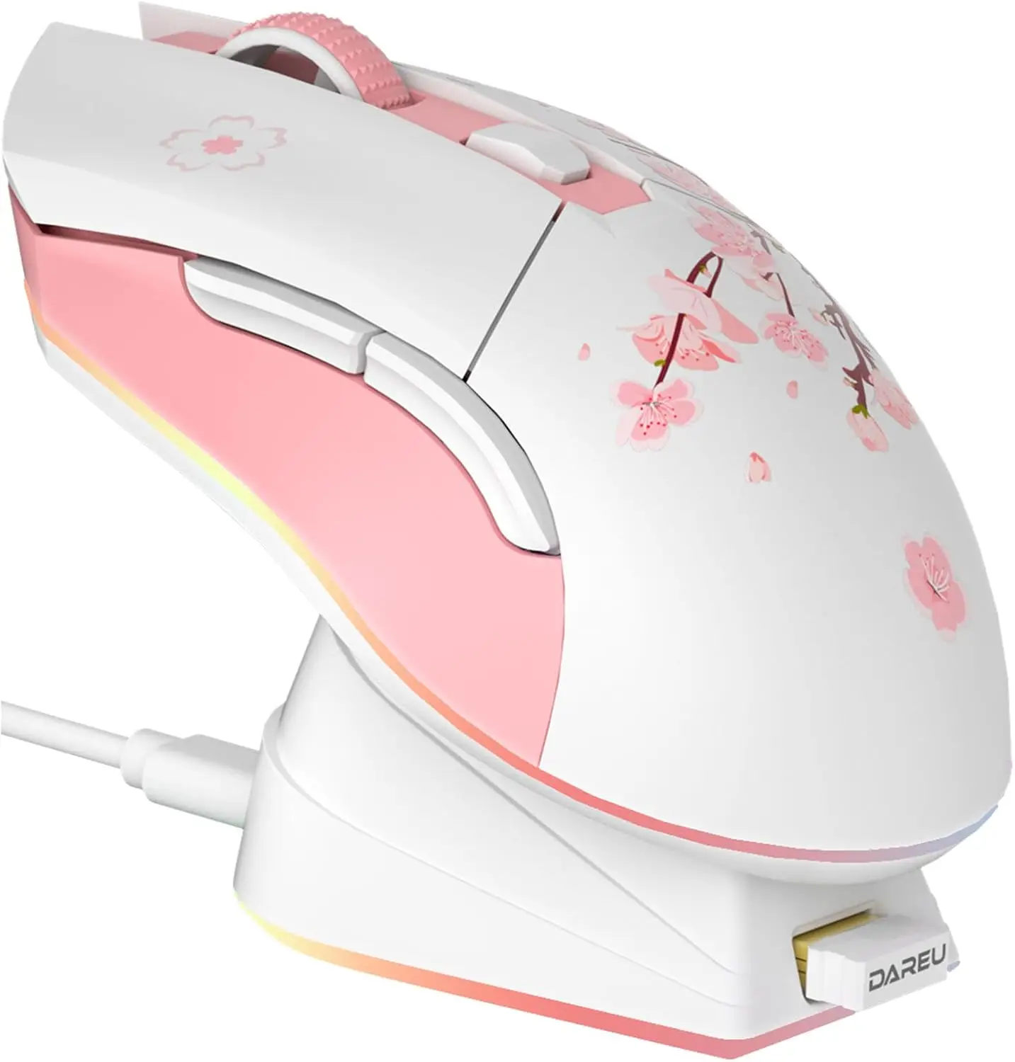 DAREU Sakura Pink Wireless Gaming Mouse with Charging Dock Rechargeable RGB,12K DPI,7 Programmable Buttons High-Precision