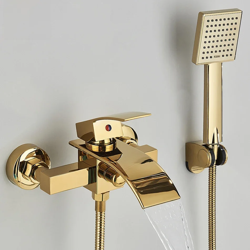 Goud Zwart Bad Kraan Waterval Douchekraan Wandmontage Warm Koud Water Mengkraan Voor Badkamer Chroom Bad Douche Set Systeem - afbeelding 2