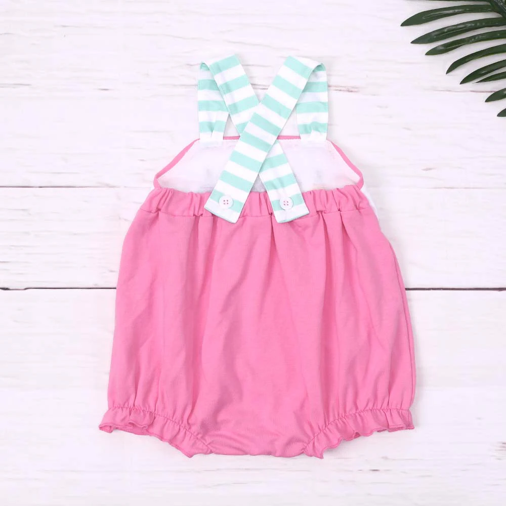 2023 Fashion New Summer Green Stripe Sleeveless Baby Girl Jumpsuit Cow Embroidery Pink Bodysuit  One-Piece Clothes