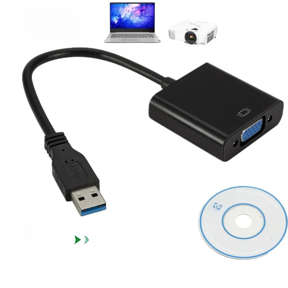 Adaptateur d'affichage vidéo USB 3.0 vers VGA 1080P, câble convertisseur externe multi-affichage pour projecteur, ordinateur portable, moniteur, PC Windows 7/8