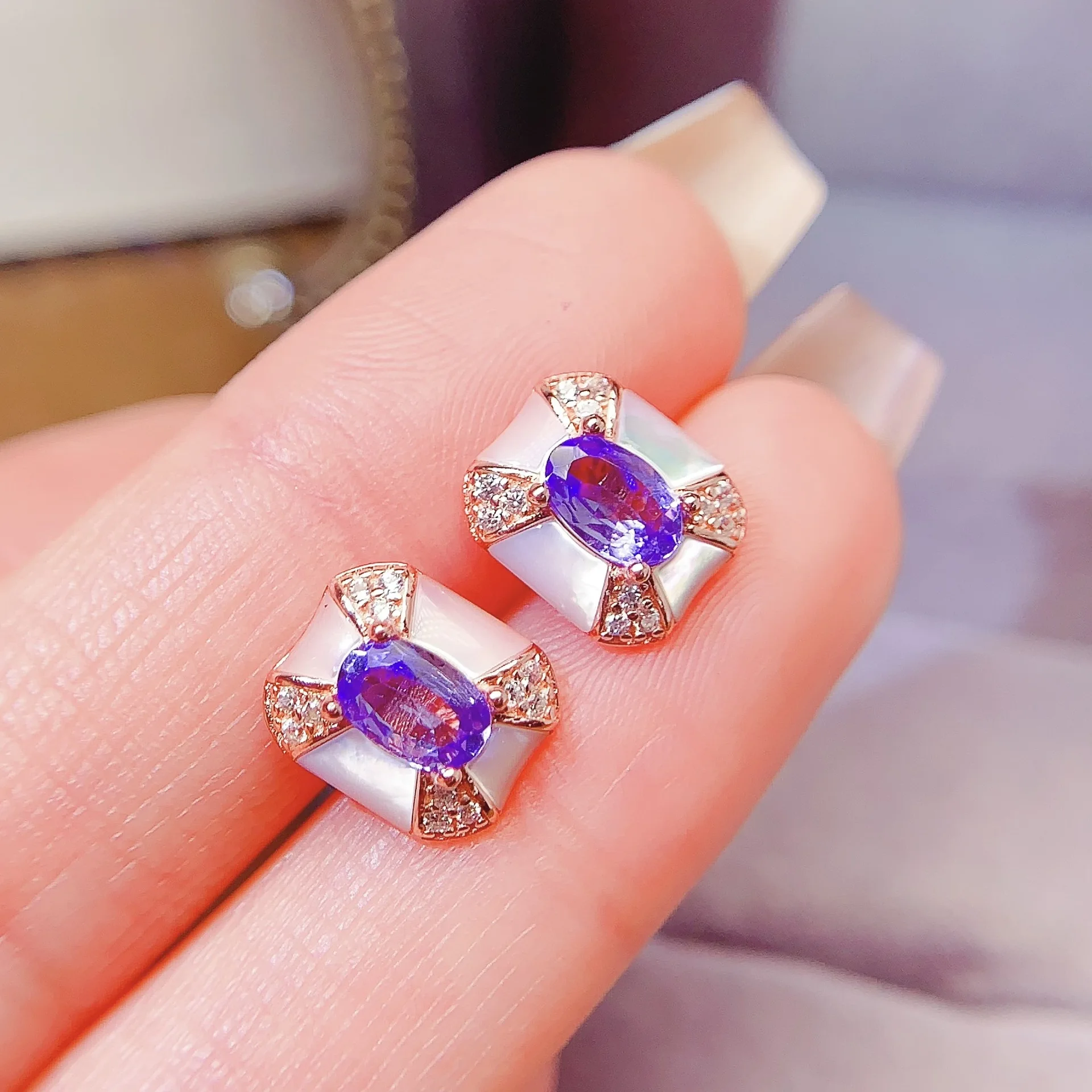 Jewelry Women's Natural Gem Earrings 925 Pure Silver Electroplated 18K Rose Gold 4x6mm Tanzanite Style Gift for Girlfriend's