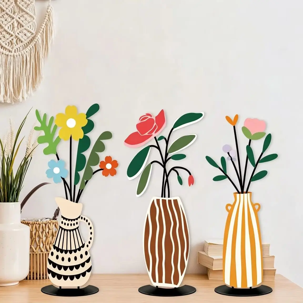 Dopamine Metal Flower Vase Set 3pc Iron Table Decor Polka Stripe Colorful Shelf Ornament