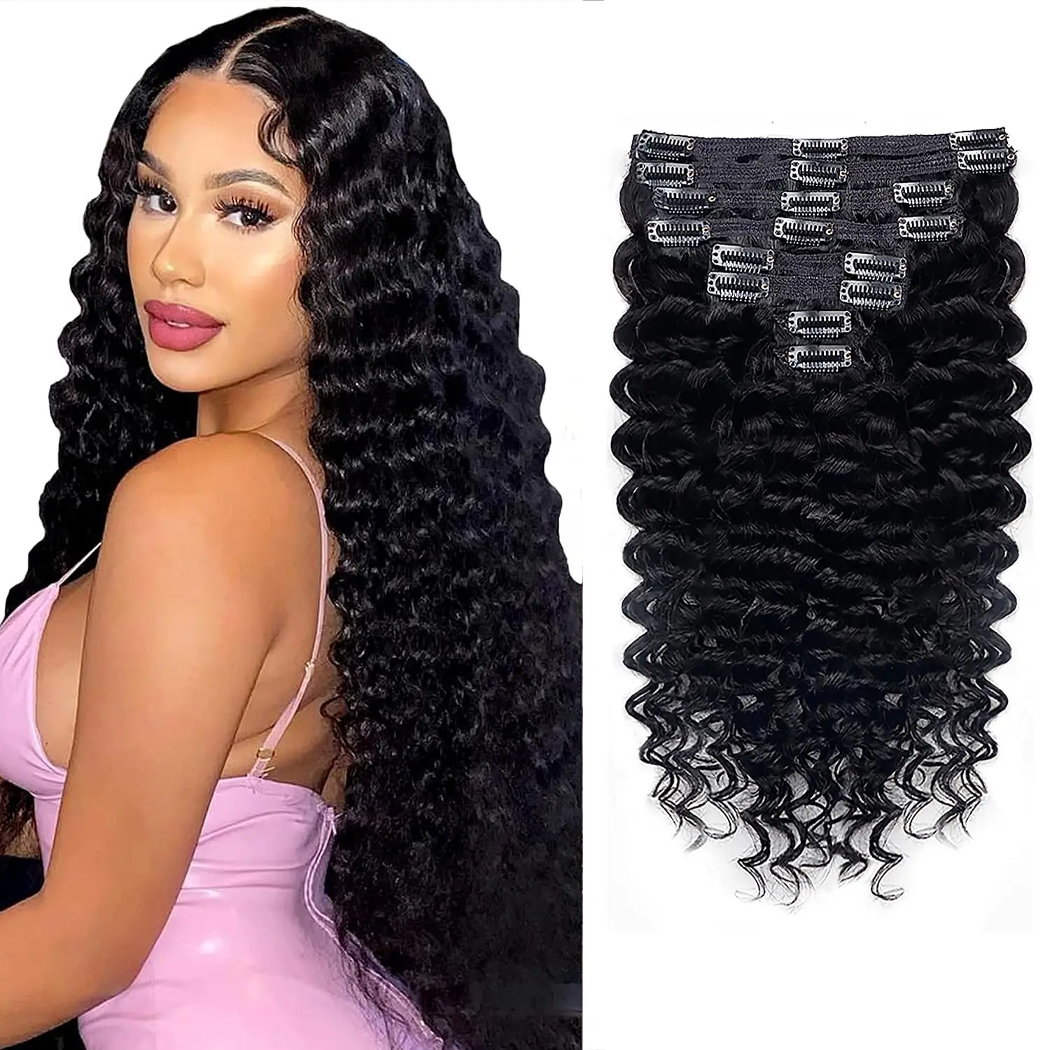 Deep Wave Clip in Hair Extensions Real Human Hair Deep Curly Clip Ins 8Pcs Brazilian Remy Human Hair Extensions with 18 Clips