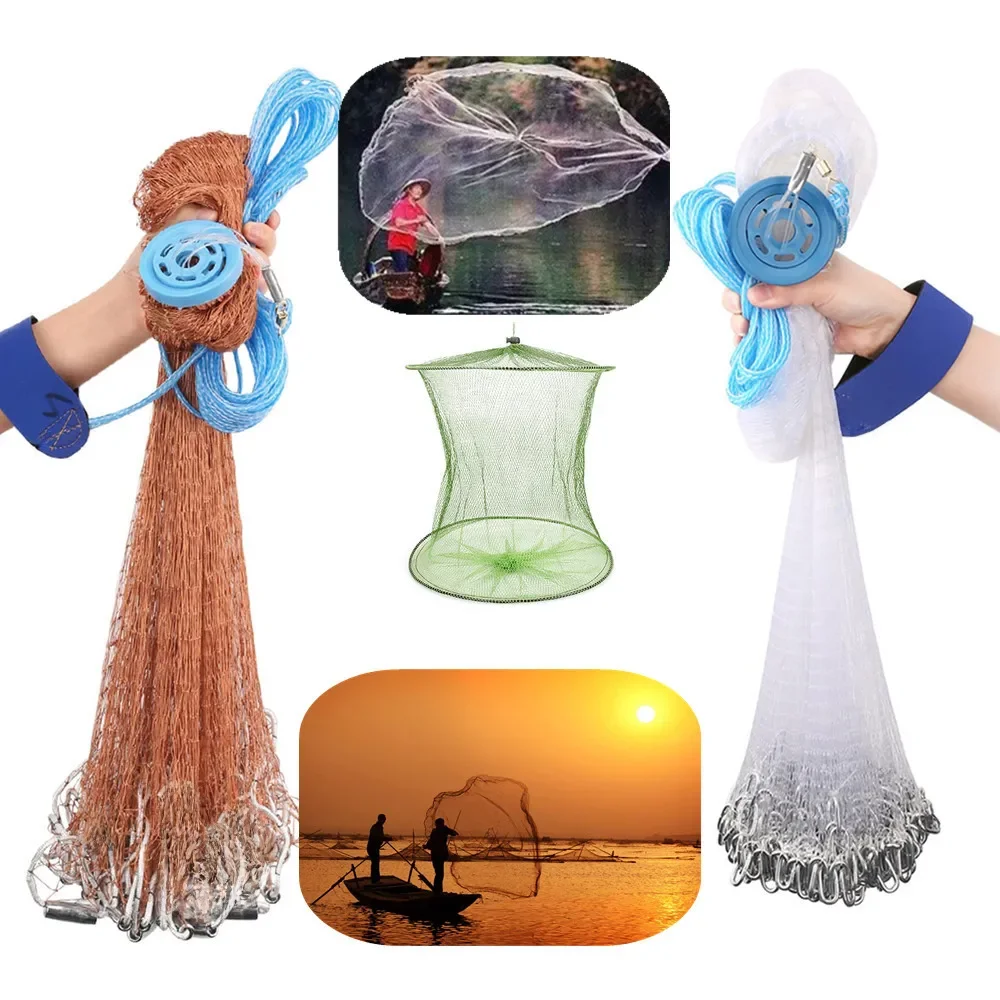 Filets de pêche au lancer avec plombs, piège à poisson à lancer à la main, réseau américain avec ShriAJBasket, rayon de 2.4m, 3.6m, 4.8m