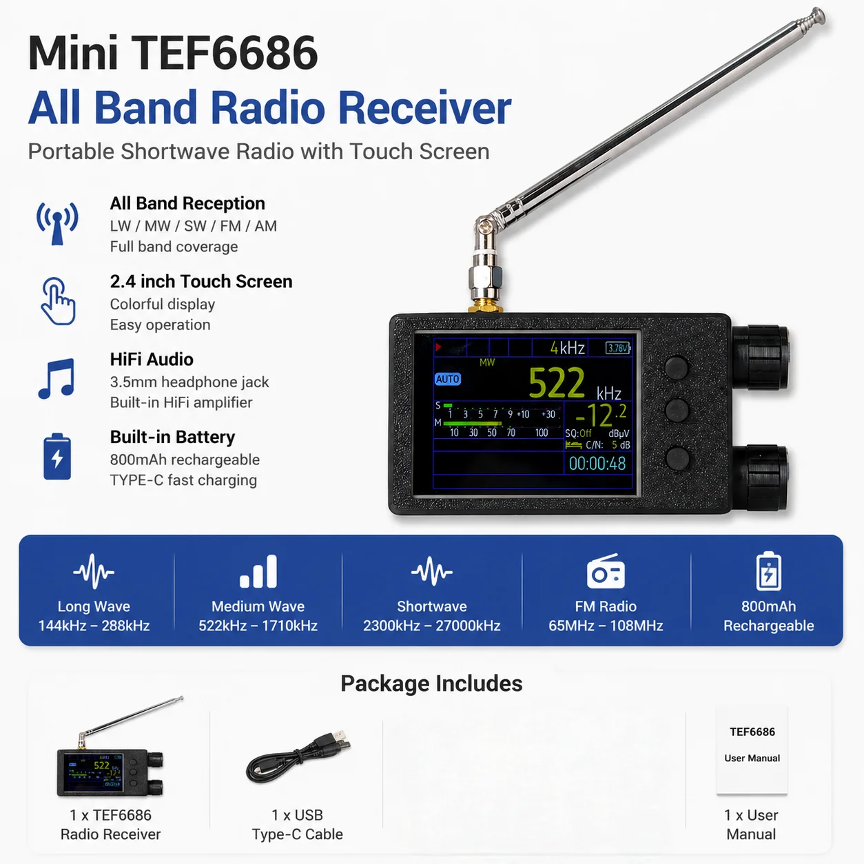 new-mini-tef6686-all-band-radio-receiver-24-inch-touch-screen-lw-mw-sw-fm-am-portable-shortwave-radios-receiver