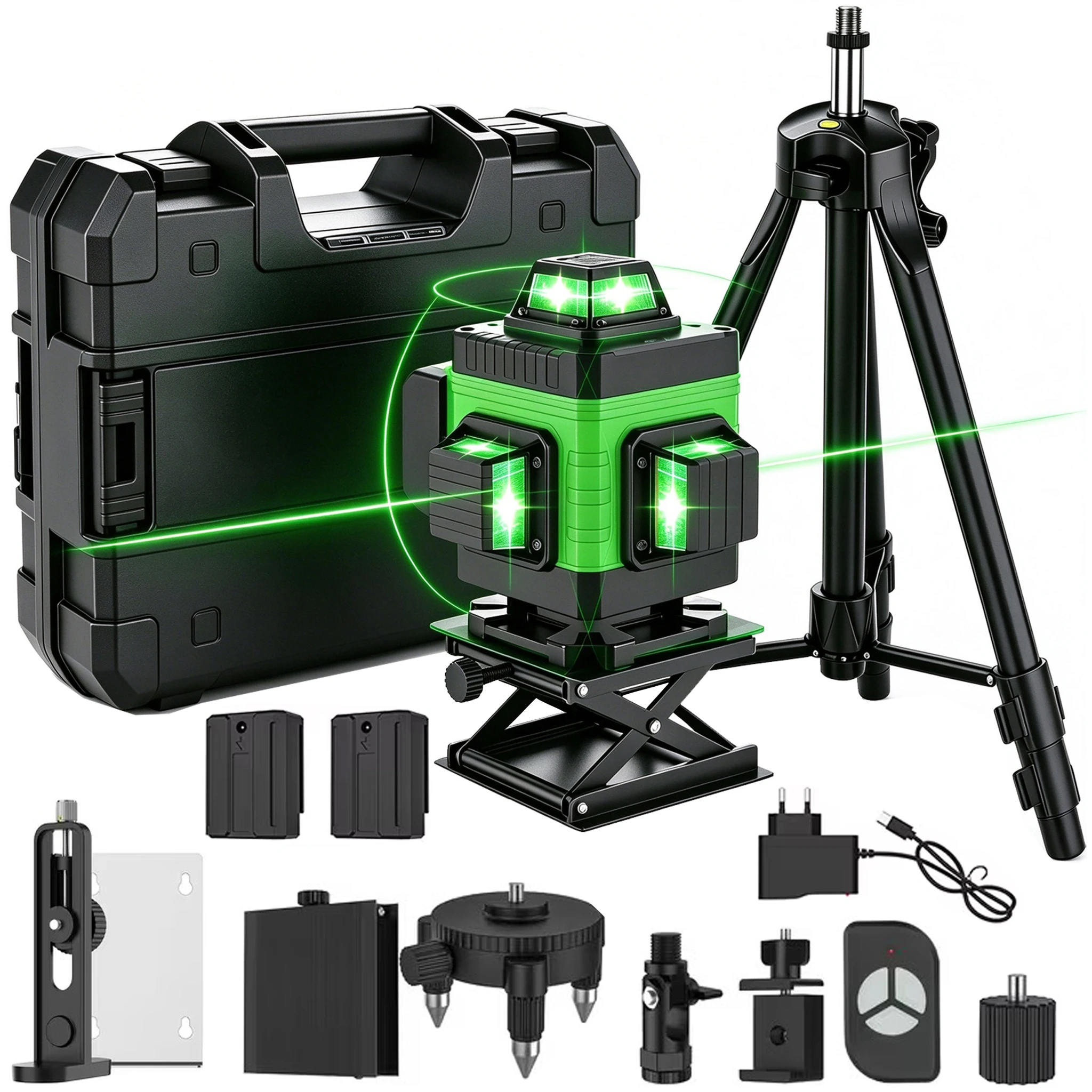 16-liniowy laser 4D z zielonym wiązkiem, samopoziomujący, 360°, do poziomowania podłóg i ścian, z naklejkami liniowymi i statywem.