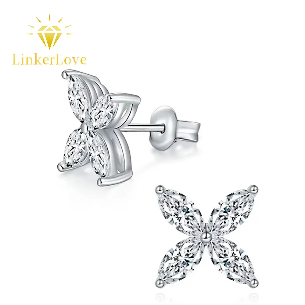 LinkerLove 925 Silver Moissanite Four-leaf Clover Jewelry Set for Women Diamond Four-leaf Necklace Earring Birthday Jewelry Gift