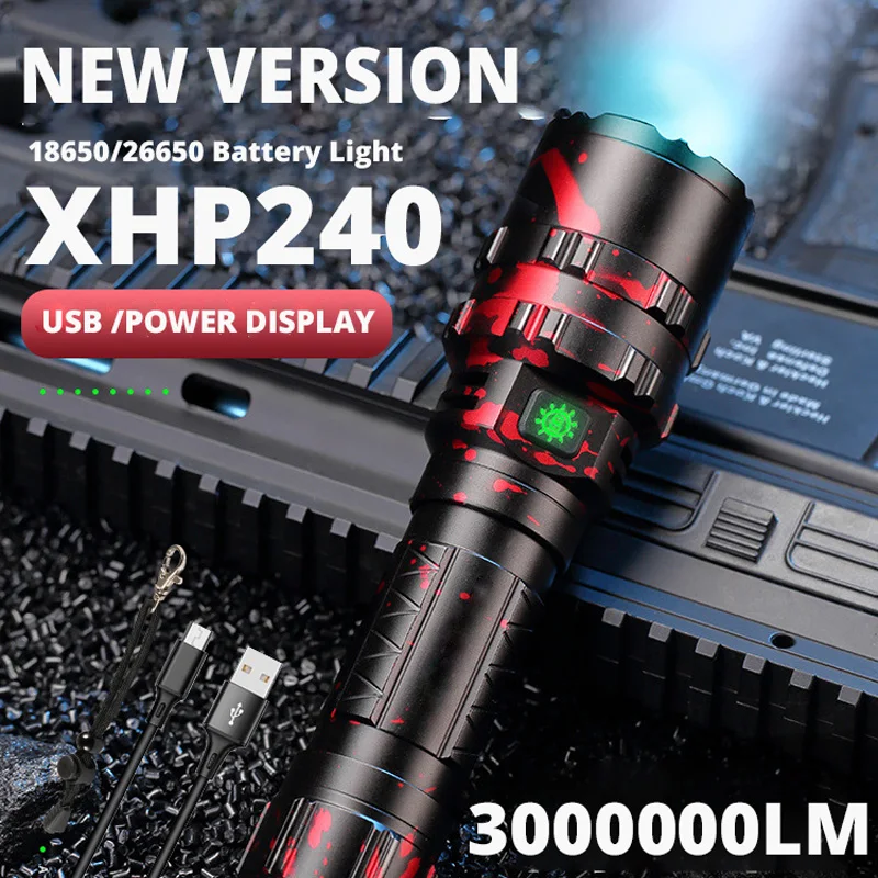 5000000LM NEW XHP240 LED Flashlight Outdoor Waterproof Strong Light  USB Charging Long-range + Powerful C8 Hunting Torch L2 Lamp