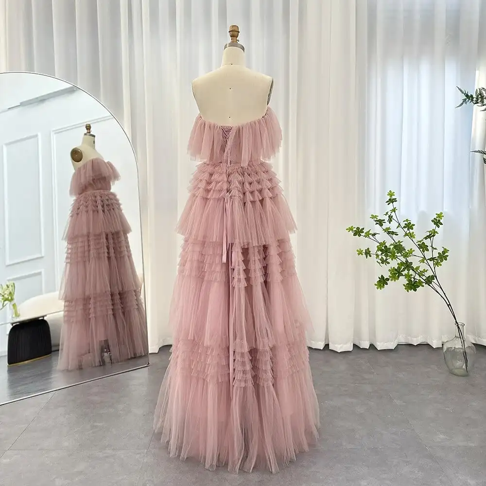 Sexy Strapless Tulle Tiered Evening Dress Gorgeous A Line Blush Pink Princess Sweep Train Prom Dresses vestidos verano moda 2024