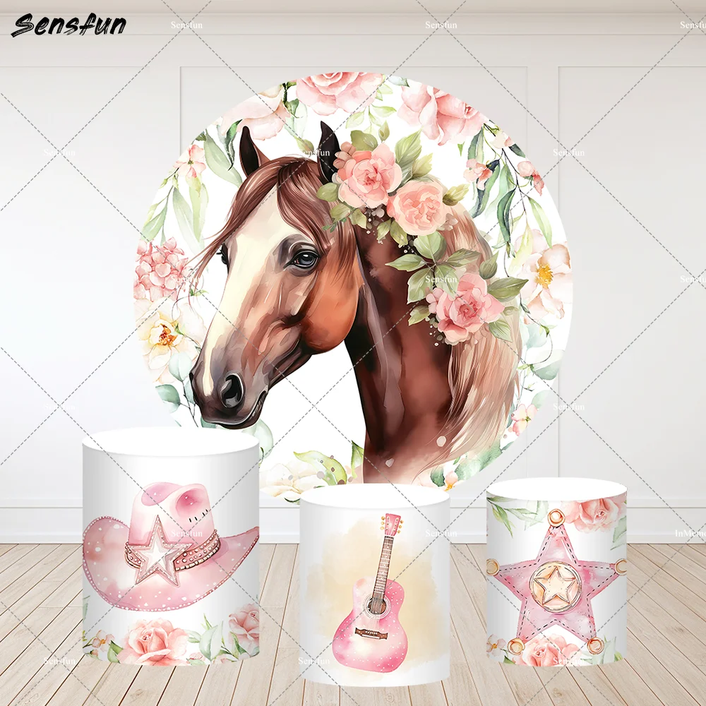 

Horse theme Round Backdrop Cover Pink Girls Birthday Party Supplies Newborn Baby Shower Background Cake Plinth Stand Covers