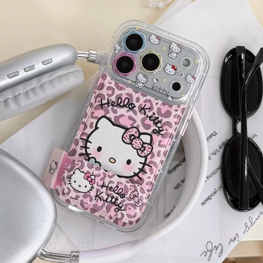 

Leather leopard print Hello Kitty lace stand phone case for iPhone 14/15/16/17 Pro Max, popular new shockproof protive case