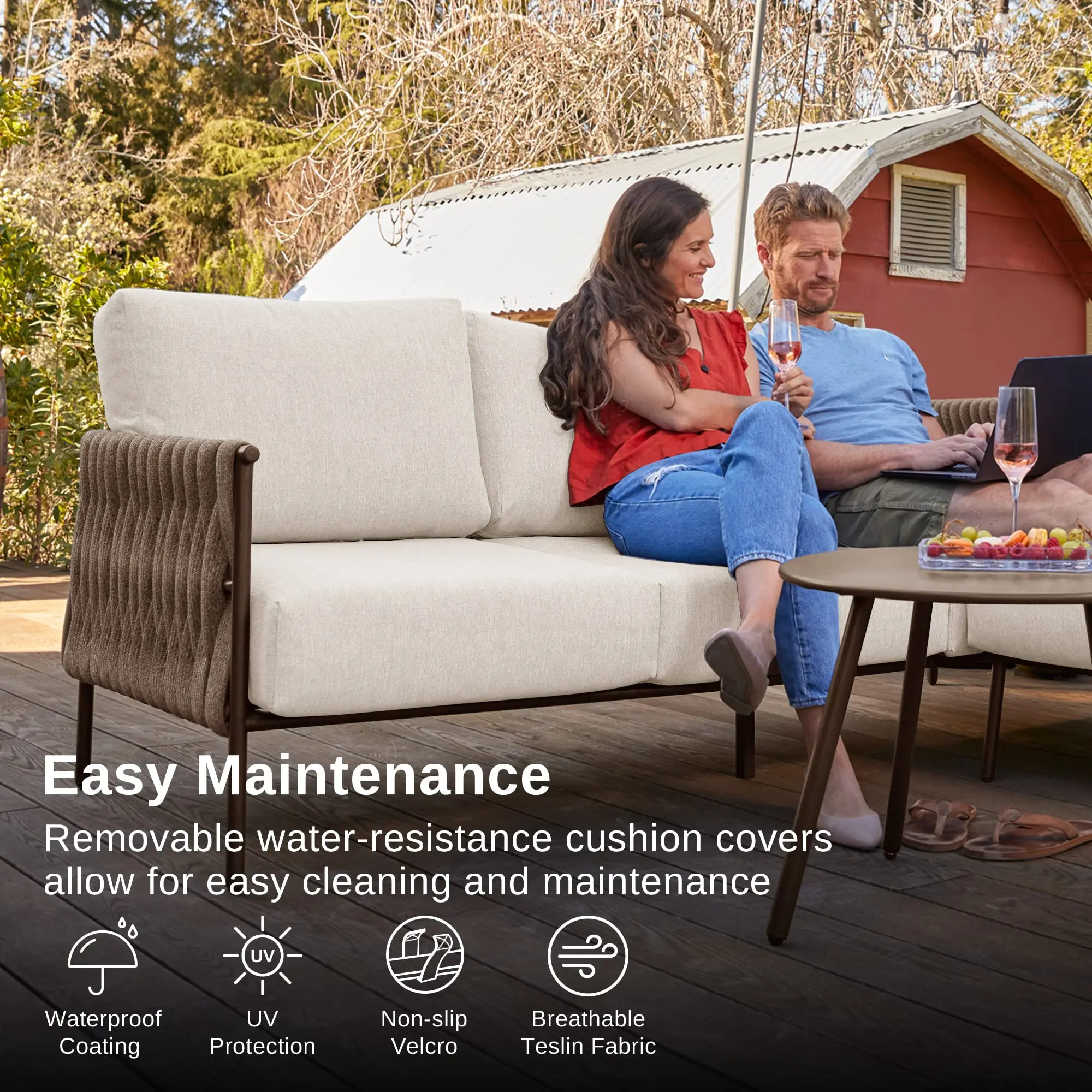 طقم أريكة فناء خارجي حديث، حبل منسوج باللون البيج وإطار معدني وسائد مقاومة للماء للحديقة وبحول السباحة، أثاث خارجي فاخر