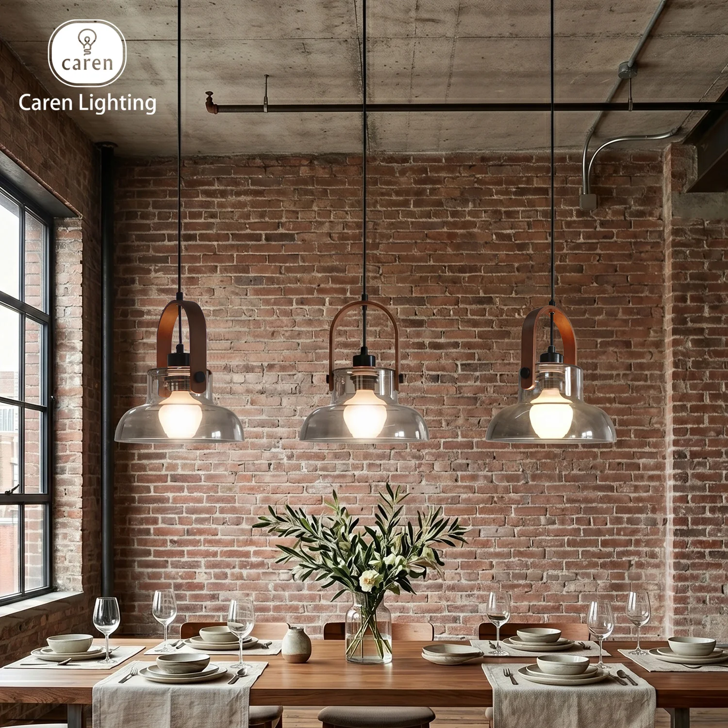 

Caren Modern Glass Pendant Light Fixture Mid-Century Hanging Lamp Ash Walnut Wood Handle Nordic Clear Smoked Glass LED E27 Bulb