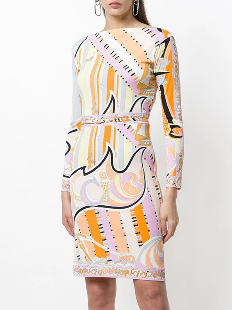 

Fashion Print Women Sheath Dress Elegant Long Sleeve Summer Dresses