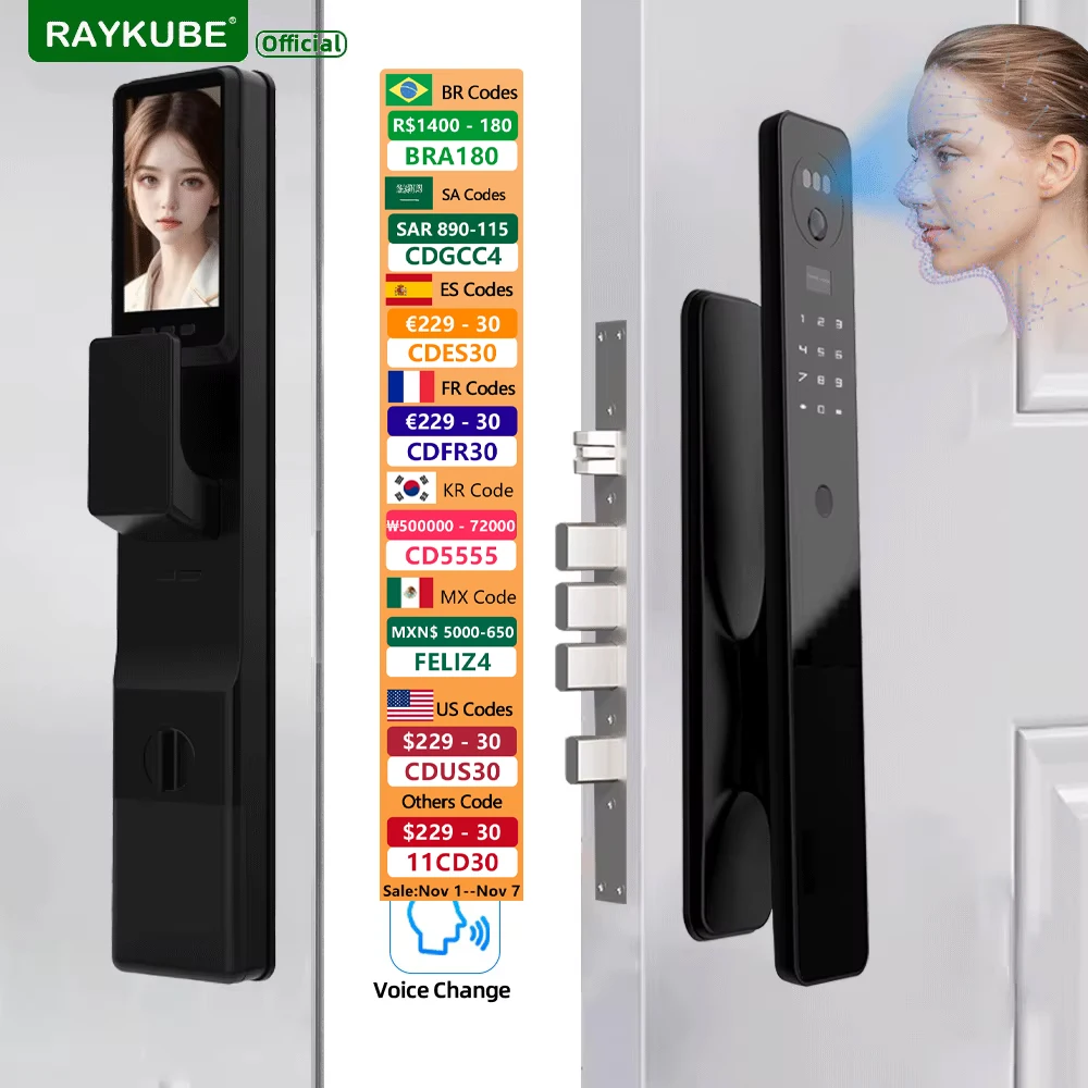 

RAYKUBE MO Tuya WiFi 3D Face Recognition Digital Door Lock With 2*rechargeable batteries Wifi Camera Video Call Tuya APP Unlock