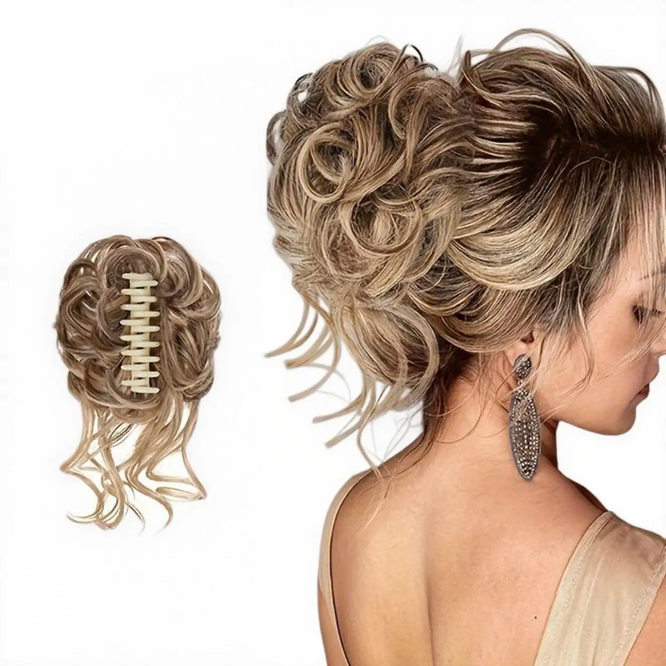 Short Messy Bun Hair Piece Fluffy Curly Flower Bud Bun Grab Clip Wigs for Women Ponytail Extension Synthetic Hair No Glue Fringe Glueless Pre Style