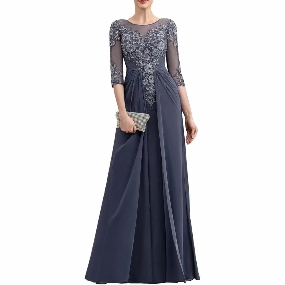 Robes classiques pour mère de la mariée, appliques en dentelle, manches 3/4, col rond, robe de soirée formelle, longueur au sol, fermeture éclair, pli au dos