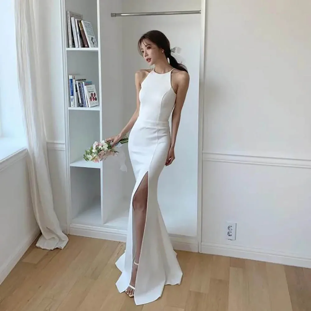 Proste suknie ślubne z dekoltem typu halter, z wysokim rozcięciem, bez pleców, suknie dla druhen, eleganckie suknie ślubne, szyte na miarę.