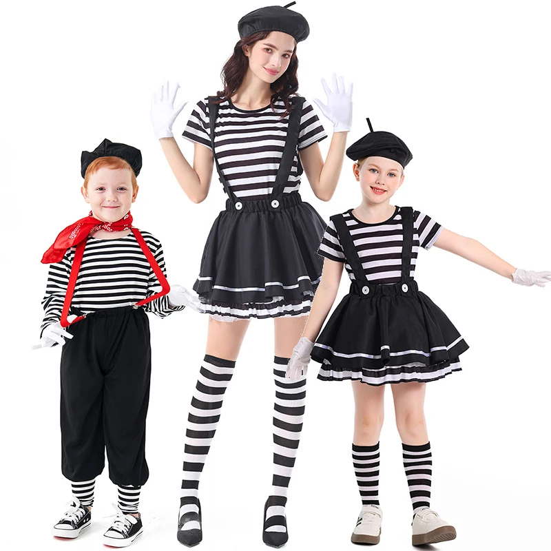 

Костюм Мима для девочек, женский французский цирковой клоун, Мим-художник, нарядное платье, карнавальный наряд на Хэллоуин, классический костюм Мима, костюм для мальчиков