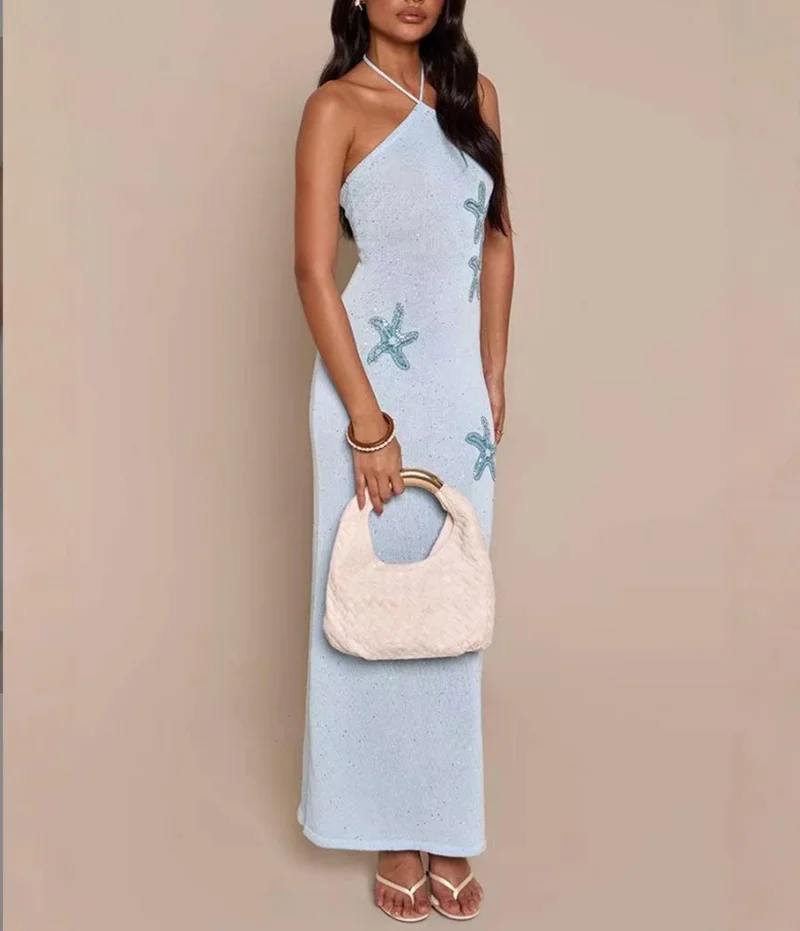 

Women Halter Backless Long Bandage Dress Knit Bikini Cover-Up Sexy Crochet Swimsuit Female Swimwear Robe Beach Wear