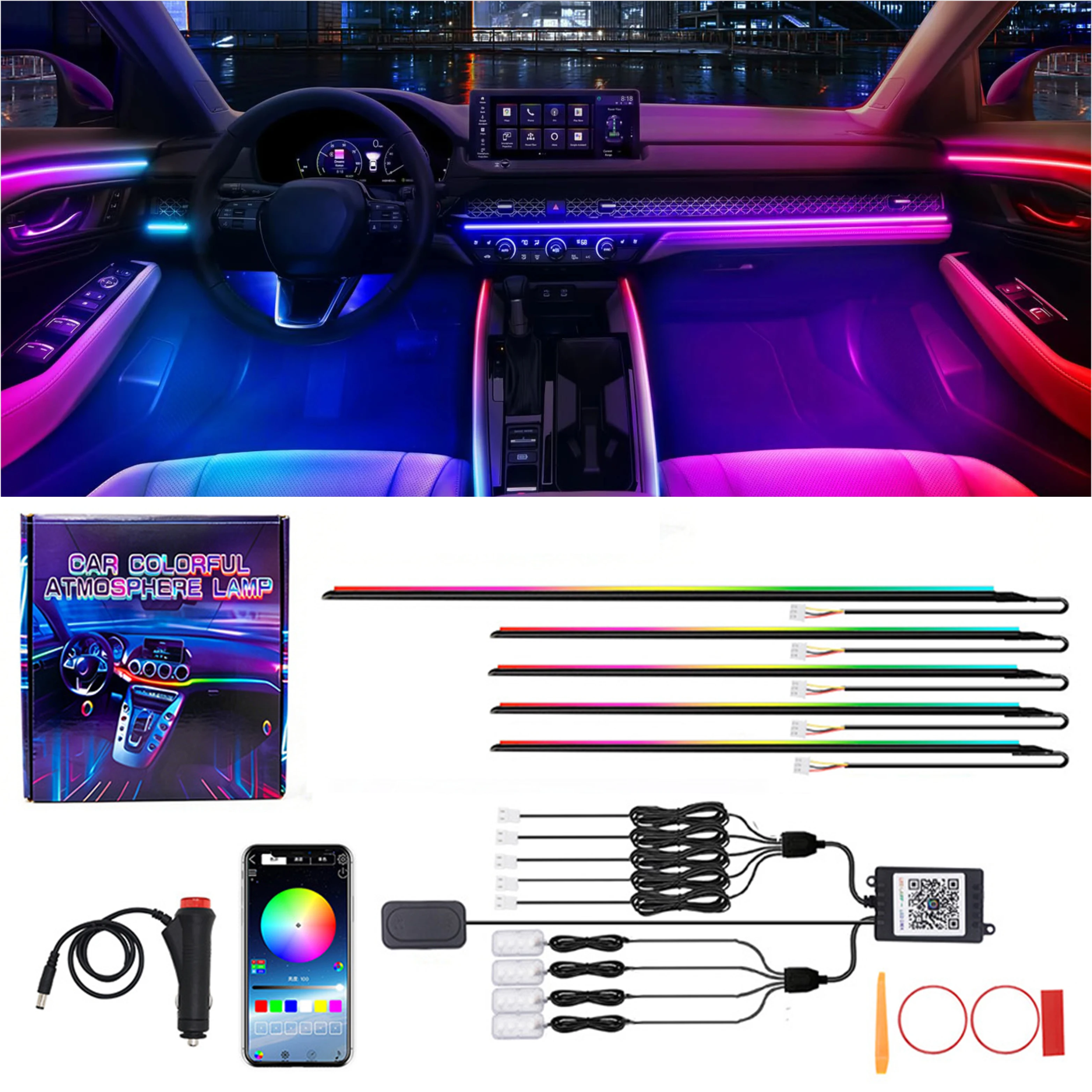 5V WS2812 Car Interior RGB LED Light Guide Strips USB Kit Neon Ambient Lights APP Remote Control