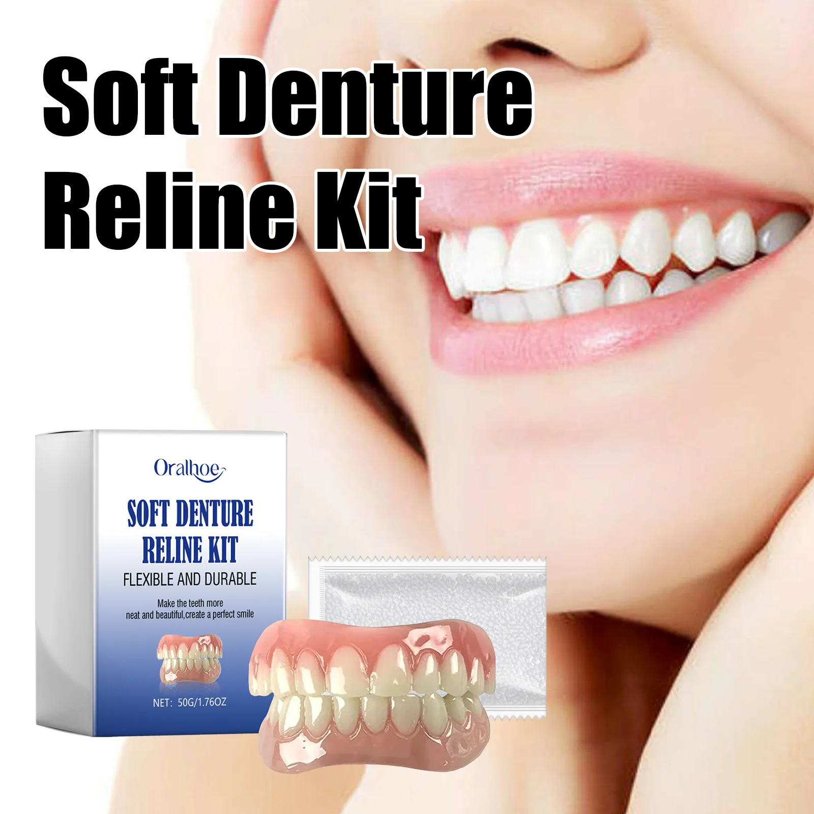 Oralhoe 50g Fake Teeth Denture Braces Kit Silicone Upper Lower Veneers Perfect Smile Repair Teeth Gap Soft Denture Reline Braces