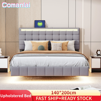 Comanlai Upholstered Bed 140 x 200 cm,with LED Lights,with Slatted Base and Headboard,Youth Bed,Double Bed,Without Mattress,Grey